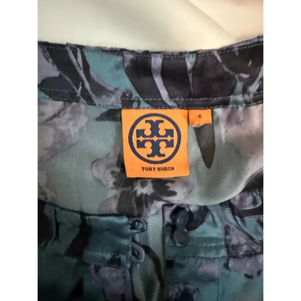 Tory Burch Teal Purple Floral Silk Blend Sleeveless Ruffle‎ Neck Blouse Size 6